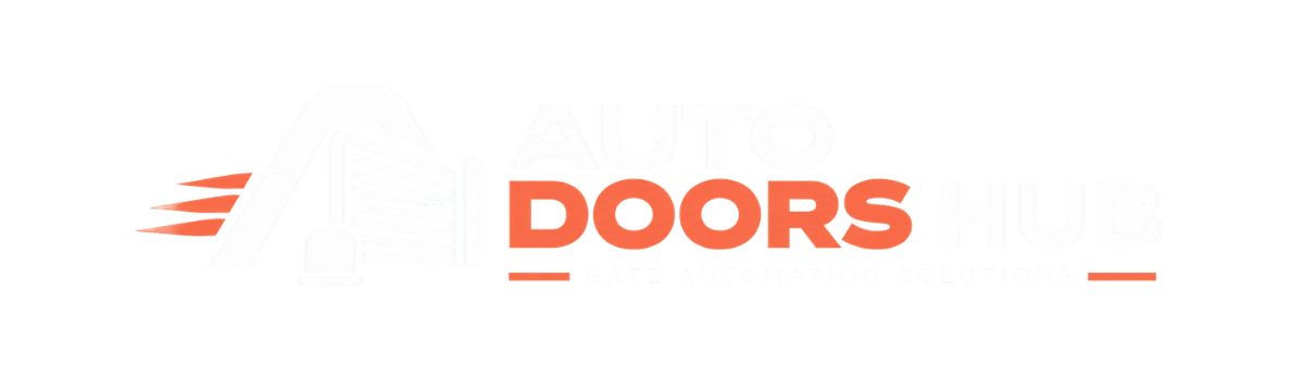 Auto Doors Hub logo featuring a white and coral orange automated gate icon and brand name with the tagline Gate Automation Solutions on a teal background.